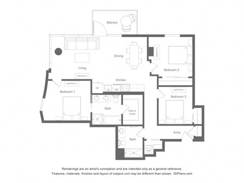 Floor plan for 2 beds, 2 baths, 1215 sqft